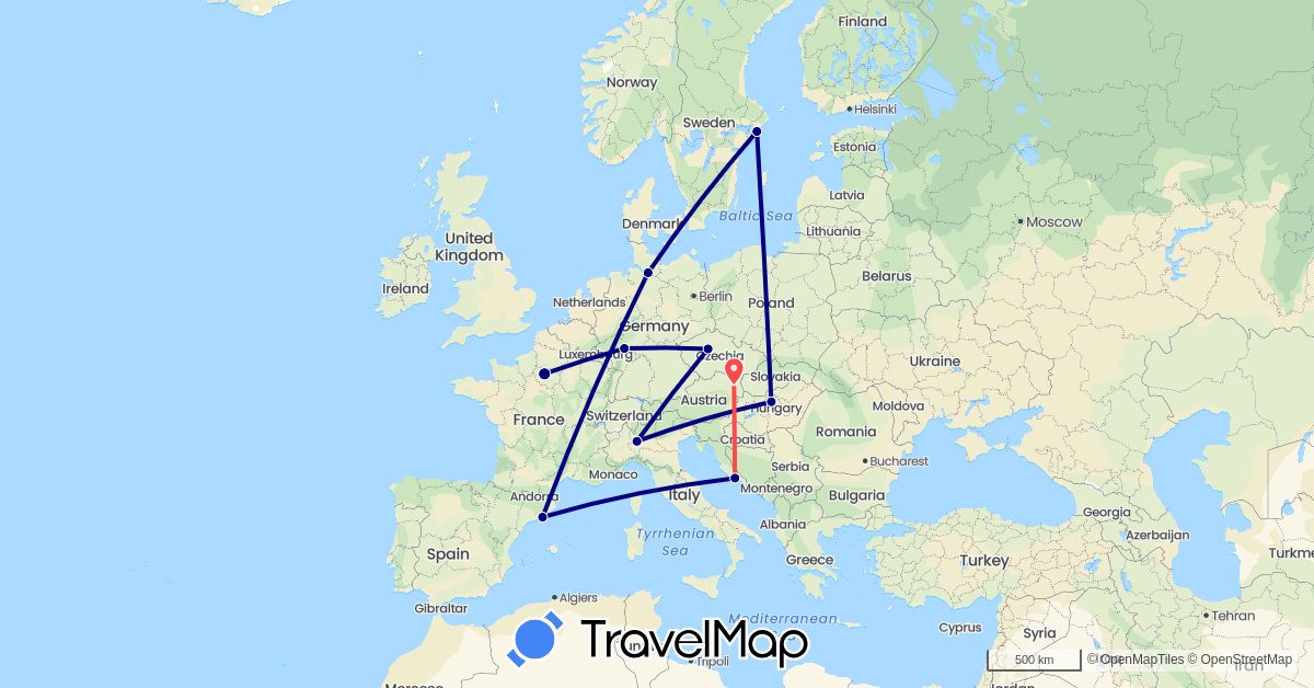 TravelMap itinerary: driving, hiking in Austria, Czech Republic, Germany, Spain, France, Croatia, Hungary, Italy, Sweden (Europe)