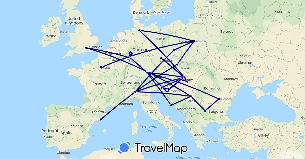 TravelMap itinerary: driving in Bulgaria, Czech Republic, Germany, Spain, France, United Kingdom, Croatia, Hungary, Italy, Poland, Romania, Serbia, Slovenia (Europe)